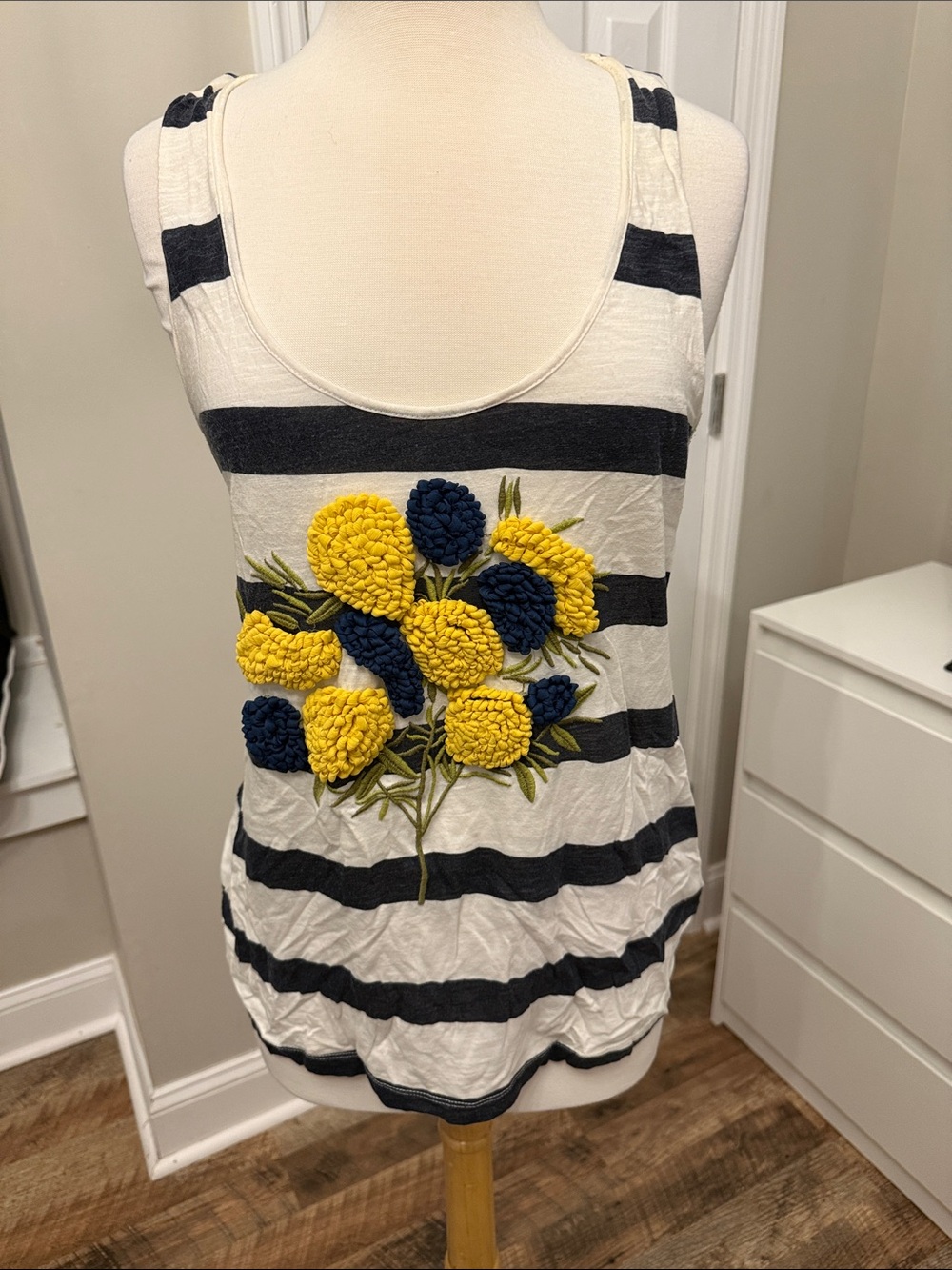 Pilcro and the Letterpress Navy & White Striped Tank with Yellow Floral Appliqué
